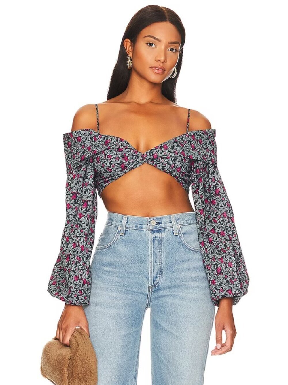 LOVERS + FRIENDS Pearl Floral Cotton Off Shoulder Puff Sleeve Crop Top, Size XS